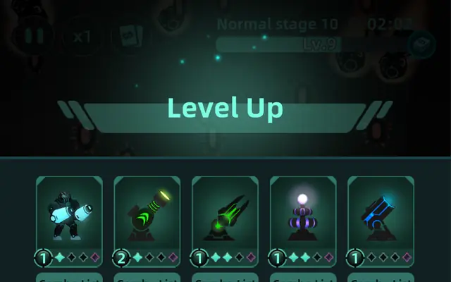 The level-up screen with upgrade cards in Galaxy Defense: Fortress TD