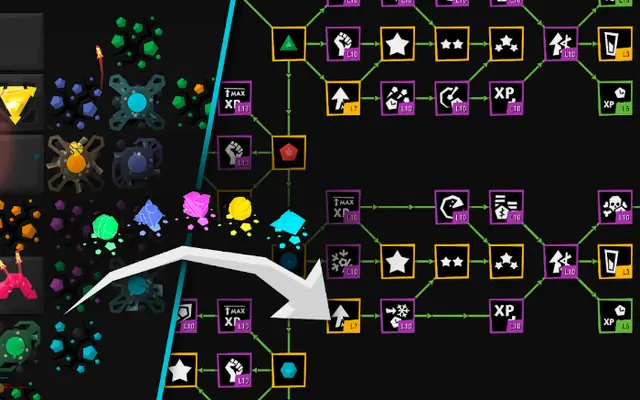 Screenshot of the research tree in Infinitode 2 - Tower Defense