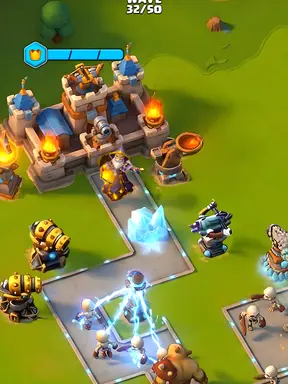 Towers placed along a winding route in Arcane Arena: Tower Defense TD