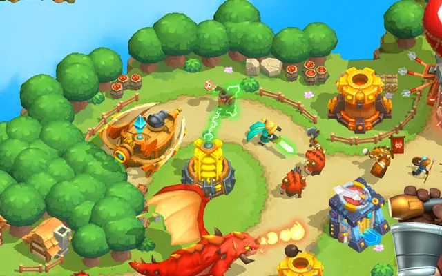 A 3D lane map with towers in Wild Sky TD: Tower Defense RPG